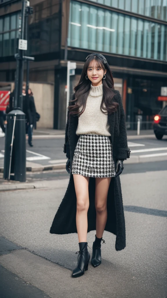 Outdoor,A girl in an elegant long coat,Knit top and houndstooth mini skirt,Pumps and black ankle socks,Full body standing street photography,Confident face,Shiny long hair,Idol Instagram photos.Skin Color Pantyhose,Wearing black leather gloves