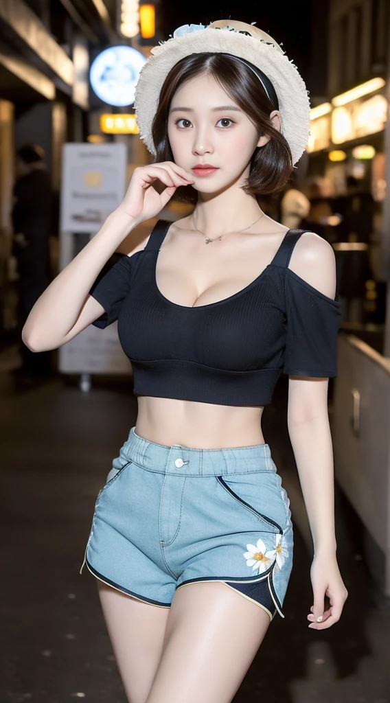 ((Best Quality, 8K, Masterpiece: 1.3)), (Flower Hat: 1.3), Focus: 1.2, Perfect Body Beauty: 1.4, Buttocks: 1.2, (Layered Haircut: 1.2)), (Dark Street: 1.3), Highly detailed face and skin texture, Full body, Fine eyes, Double eyelids, Whitened skin, Long hair, (Round face: 1.5), (Loose crop top, Shorts: 1.6) cleavage prominent pleated skirt Big breasts leaking long legs, ((Mall))