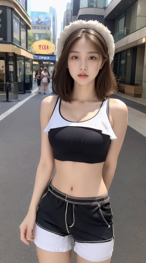 ((Best Quality, 8K, Masterpiece: 1.3)), (Flower Hat: 1.3), Focus: 1.2, Perfect Body Beauty: 1.4, Buttocks: 1.2, (Layered Haircut: 1.2)), (Dark Street: 1.3), Highly detailed face and skin texture, Full body, Fine eyes, Double eyelids, Whitened skin, Long hair, (Round face: 1.5), (Loose crop top, Shorts: 1.6) cleavage prominent pleated skirt Big breasts leaking long legs, ((Mall))