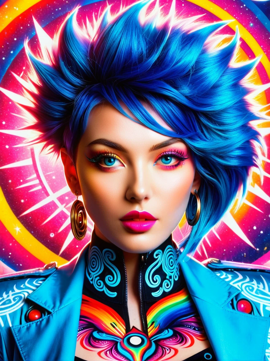 (masterpiece, top quality, best quality, official art, beautiful, cosmic, atmospheric, psychedelic, dreamlike and aesthetic, swirling psychedelic cosmic graffiti patterns:1.2), (1girl), extreme detailed,(fractal art:1.3),colorful,highest detailed, (Best Quality, 8K, masutepiece:1.3), Ultra-detailed, (Photorealistic:1.4), pink and white colors, perfect color scheme, albino, Punk rock Girl, Detailed moonlight eyes, (whole body:1.5), Luxurious neon blue punk hair, Edgy Harajuku-inspired punk rock fashion, super huge enormously gigantic , cleavage showing, Avant-garde makeup, Numerous piercings, Heavily tattooed body, swirling psychedelic cosmic dreamlike graffiti pattern background