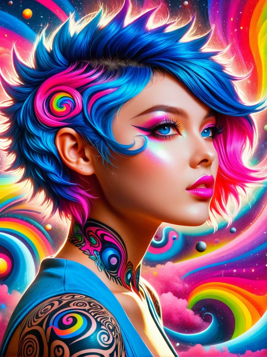 (masterpiece, top quality, best quality, official art, beautiful, cosmic, atmospheric, psychedelic, dreamlike and aesthetic, swirling psychedelic cosmic graffiti patterns:1.2), (1girl), extreme detailed,(fractal art:1.3),colorful,highest detailed, (Best Quality, 8K, masutepiece:1.3), Ultra-detailed, (Photorealistic:1.4), pink and white colors, perfect color scheme, albino, Punk rock Girl, Detailed moonlight eyes, (whole body:1.5), Luxurious neon blue punk hair, Edgy Harajuku-inspired punk rock fashion, super huge enormously gigantic , cleavage showing, Avant-garde makeup, Numerous piercings, Heavily tattooed body, swirling psychedelic cosmic dreamlike graffiti pattern background 