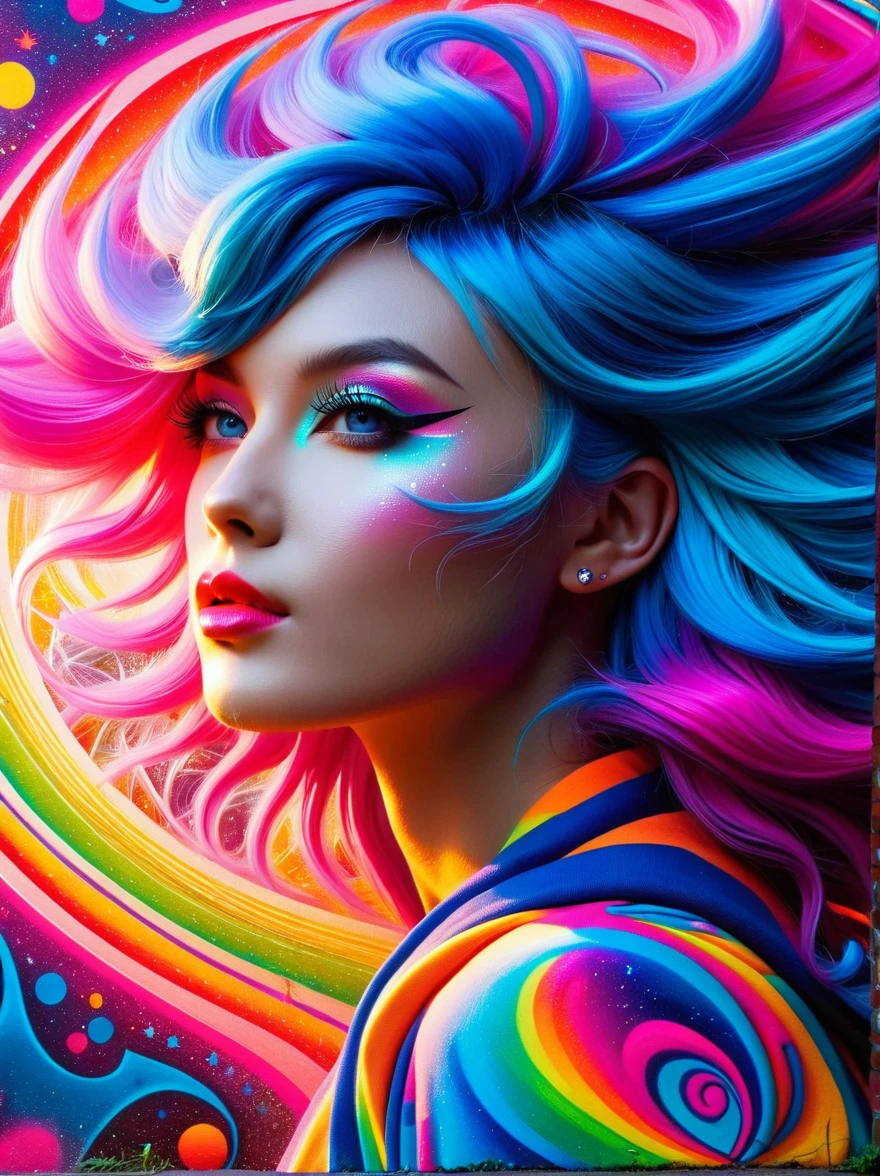 (masterpiece, top quality, best quality, official art, beautiful, cosmic, atmospheric, psychedelic, dreamlike and aesthetic, swirling psychedelic cosmic graffiti patterns:1.2), (1girl), extreme detailed,(fractal art:1.3),colorful,highest detailed, (Best Quality, 8K, masutepiece:1.3), Ultra-detailed, (Photorealistic:1.4), pink and white colors, perfect color scheme, albino, Punk rock Girl, Detailed moonlight eyes, (whole body:1.5), Luxurious neon blue punk hair, Edgy Harajuku-inspired punk rock fashion, super huge enormously gigantic , cleavage showing, Avant-garde makeup, Numerous piercings, Heavily tattooed body, swirling psychedelic cosmic dreamlike graffiti pattern background