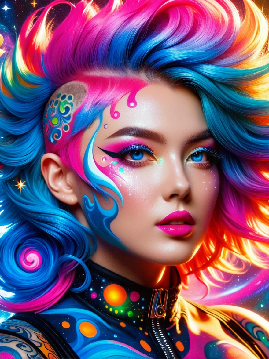 (masterpiece, top quality, best quality, official art, beautiful, cosmic, atmospheric, psychedelic, dreamlike and aesthetic, swirling psychedelic cosmic graffiti patterns:1.2), (1girl), extreme detailed,(fractal art:1.3),colorful,highest detailed, (Best Quality, 8K, masutepiece:1.3), Ultra-detailed, (Photorealistic:1.4), pink and white colors, perfect color scheme, albino, Punk rock Girl, Detailed moonlight eyes, (whole body:1.5), Luxurious neon blue punk hair, Edgy Harajuku-inspired punk rock fashion, super huge enormously gigantic , cleavage showing, Avant-garde makeup, Numerous piercings, Heavily tattooed body, swirling psychedelic cosmic dreamlike graffiti pattern background