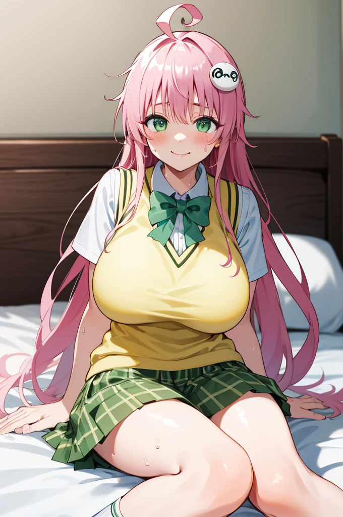 masterpiece, best quality, highres, aalala, long hair, ahoge, hair ornament, green eyes, breasts, , green bowtie, collared shirt, white shirt, sweater vest, yellow vest, short sleeves, plaid skirt, green skirt, (((huge breasts))), on bed,,looking viewer,socks,sweating,smile