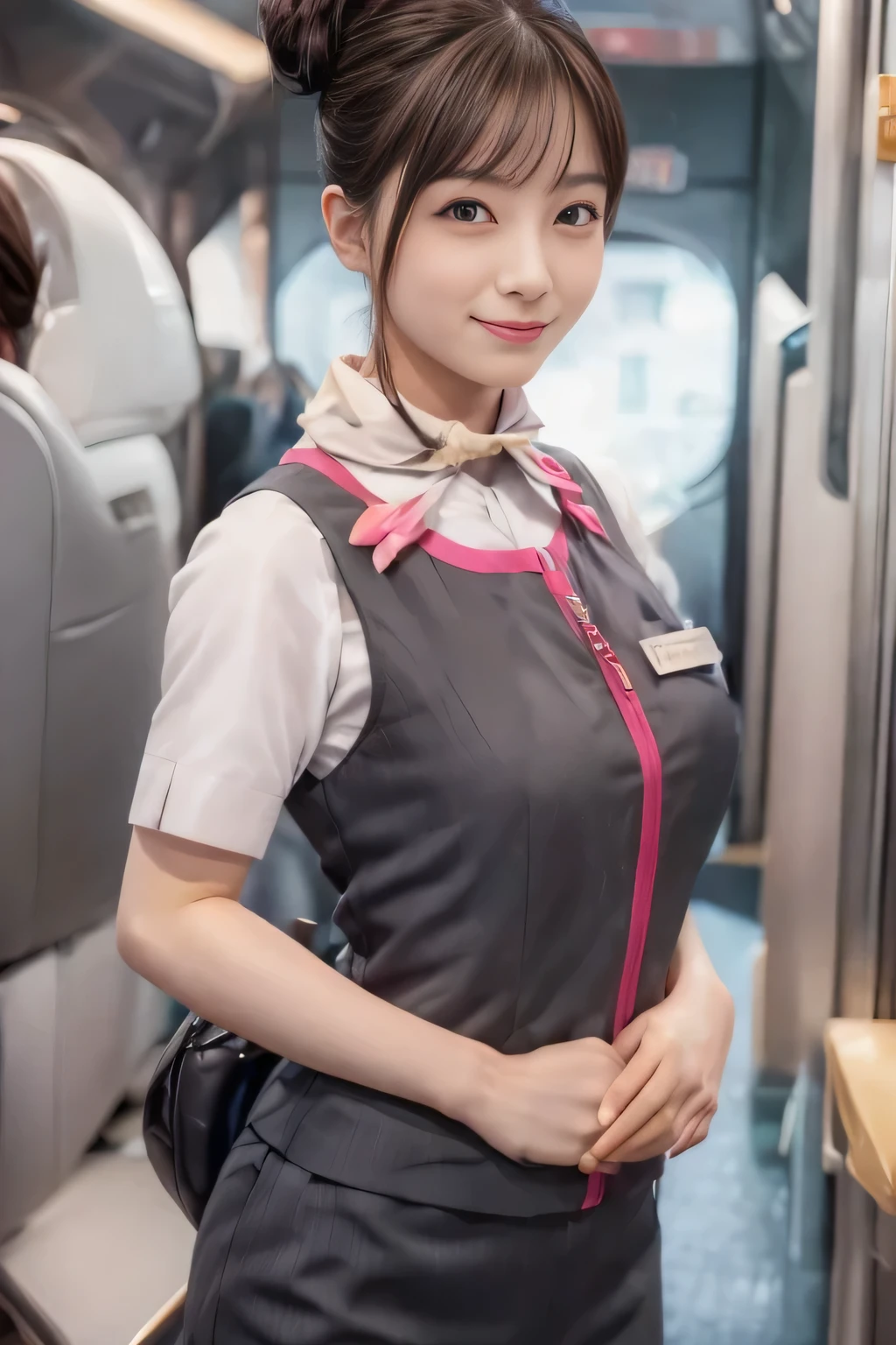 (masterpiece:1.2, Highest quality:1.2), 32k HDR, High resolution, (alone、One Girl)、(Ride the bullet train、Professional Lighting)、Background in the car、(Realistic style of JR Gran Class crew uniform)、Short sleeve blouse、a scarf around the neck、(JR Gran Class flight attendant uniform with pink parts on the skirt sleeves)、(The uniform of the flight attendants of JR Gran Class has a pink line on the front zipper of the vest..)、Dark brown hair、(Hair tied up、Hair Bun、Hair Bun)、Dark brown hair、Long Shot、Big Breasts、((Great hands:2.0)),((Harmonious body proportions:1.5)),((Normal limbs:2.0)),((Normal finger:2.0)),((Delicate eyes:2.0)),((Normal eyes:2.0)))、Luxury Necklace、smile、Beautiful standing posture,