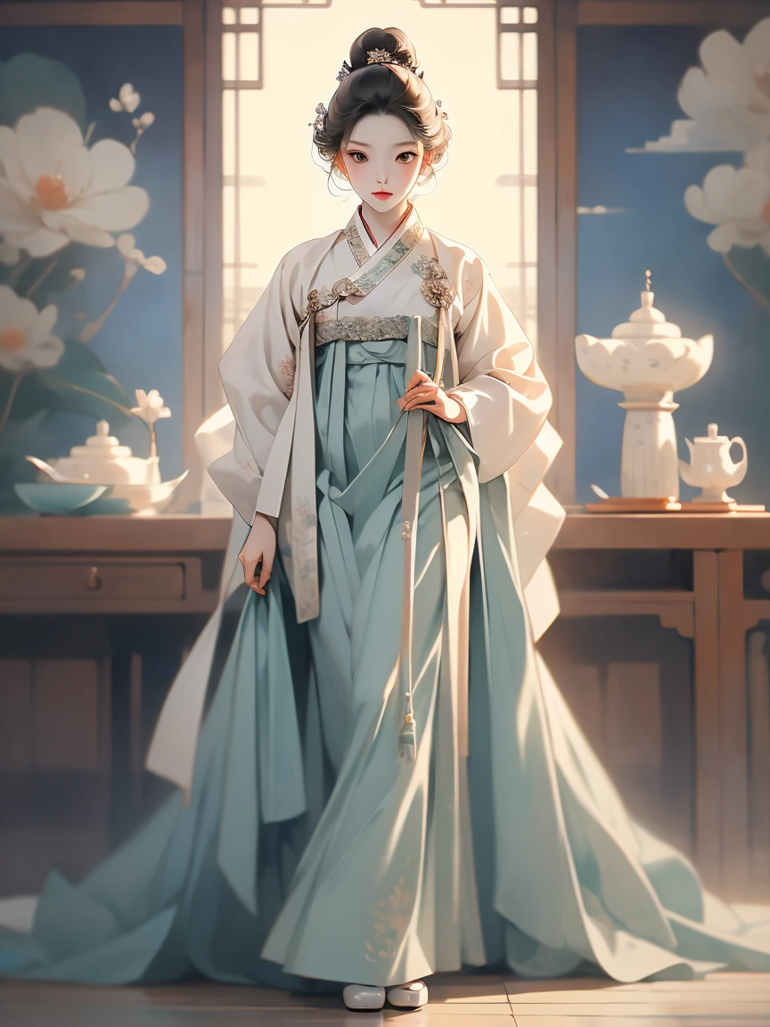 (masterpiece), (top quality), (beautiful and aesthetic), (1 woman), (1930s Korean woman), resembles Korean idol, highly detailed, A little exposure, traditional hanbok, full body, portrait.