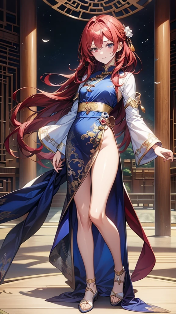 (art: 1.2), (best quality: 1.2) 1 , height 55cm, appeared to be around 7 years old, had long red hair, straight and shiny hair, tied in a Chinese Taotist style, sapphire eyes like the sky, eyes extremely detailed, perfect eyes, extremely realistic eyes, well-aligned eyes, long eyelashes, anime style, perfect face, cute face, small lips, smiling, fair skin, natural body, , childish body, perfect hands, detailed hands, fine hands proportioned to the body, realistic hands, arms with good anatomy, she only wore a small Chinese style red fluffy dress decorated in blue and gold, small thighs, small hips, looking at the viewer, background scene, scene of a pavilion hall Chinese style woman posing alone Looking at viewer