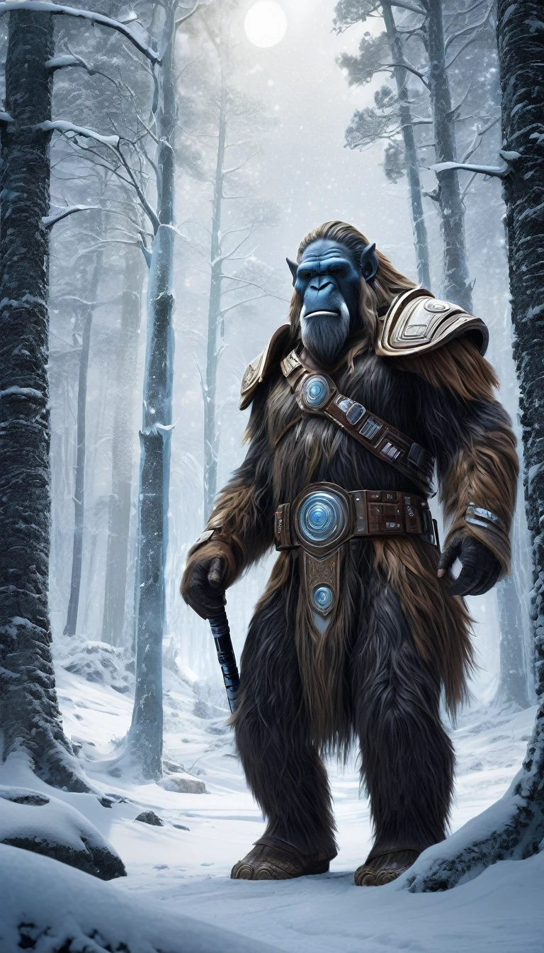 A majestic Wooly Mammoth-Human hybrid Jedi Knight, standing tall and proud in the heart of a snowy forest. The creature's body is a harmonious blend of the colossal woolly mammoth and an agile human form, with fur-covered limbs and a wise, ancient gaze. Its mighty tusks, gleaming with the frost of the surroundings, curve elegantly upwards, framing a serene human face that bears the iconic Jedi headgear, adorned with intricate ice crystals. The knight's attire is a fusion of traditional Star Wars Jedi garb and mammoth-inspired fur armor, with a thick cape made from the pelt of a snow beast, fastened by an icy clasp. The lightsaber in its hand, a deep blue blade of energy, hums rhythmically, casting an ethereal glow against the stark white backdrop of the snow. The forest is a silent witness to this unusual guardian's vigil, with tall, snow-laden trees creating a serene canopy above, their branches sparkling with the reflection of distant stars. The creature's breath forms clouds in the chilly air, as the soft crunch of snow under its heavy, human-like boots echoes through the otherwise tranquil scene. In the background, a distant lightsaber battle rages on, hinting at the epic struggle between the forces of light and darkness that has invaded even this frozen sanctuary. The Mammuth Jedi's eyes, a profound mix of intelligence and determination, are fixed on the horizon, as if sensing the call to defend the galaxy from the cold embrace of the dark side. The scene is a breathtaking fusion of fantasy and science fiction, a testament to the boundless imagination that can arise when worlds collide.