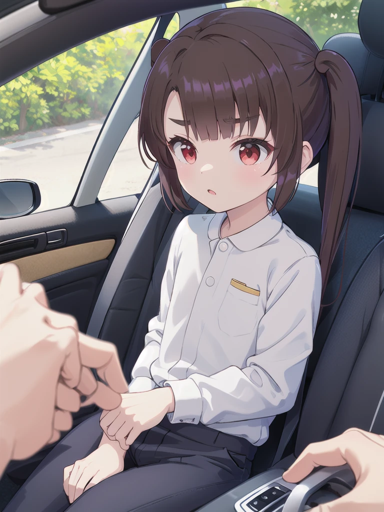 In the car,Convertible,Sitting,Car steering wheel,Looking Ahead,driving,1 Girl, 独奏, Red eyes,Wearing black sunglasses, Twin tails, brown hair,crawling,((顔 focus)),upper body,White long sleeve shirt,Grey slacks, bangs, eyebrows visible through hair, Flat Chest, 