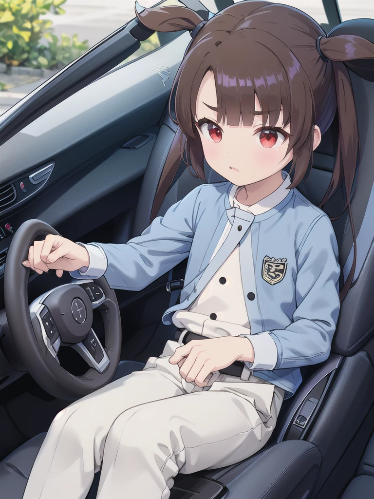 In the car,Convertible,Sitting,Car steering wheel,Looking Ahead,driving,1 Girl, 独奏, Red eyes,Wearing black sunglasses, Twin tails, brown hair,crawling,((顔 focus)),upper body,White long sleeve shirt,Grey slacks, bangs, eyebrows visible through hair, Flat Chest,