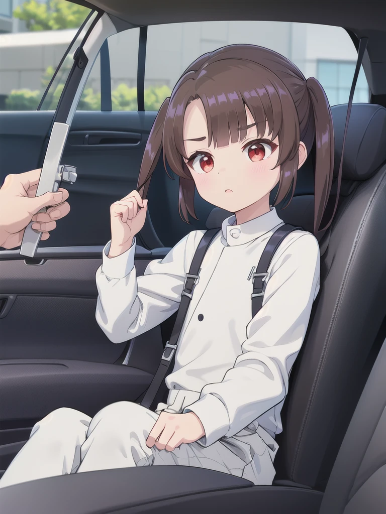 In the car,Convertible,Sitting,Car steering wheel,Looking Ahead,driving,1 Girl, 独奏, Red eyes,Wearing black sunglasses, Twin tails, brown hair,crawling,((顔 focus)),upper body,White long sleeve shirt,Grey slacks, bangs, eyebrows visible through hair, Flat Chest, 