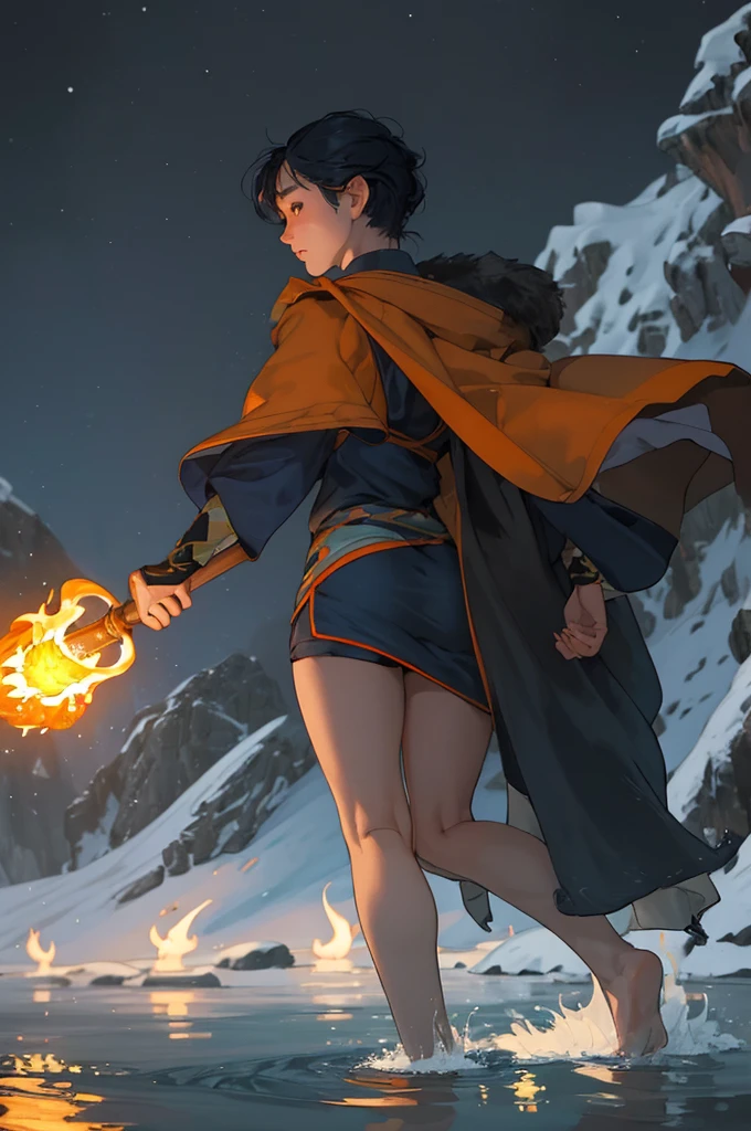 (masterpiece, highest quality), shoulder view of the characters,the dark night of the Arctic tundra blue and orange gradient atmosphere, the villagers light there torches as they walk across the cold water there legs are deep inside the water the villagers lift there torches so that the water does not snuff out the flames