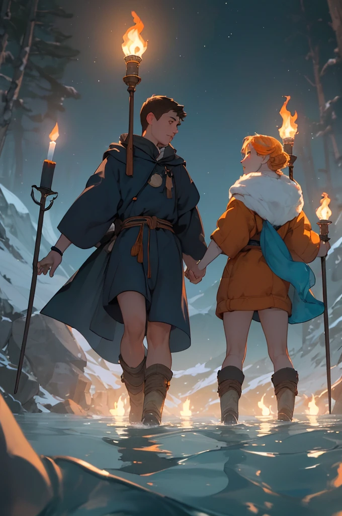 (masterpiece, highest quality), shoulder view of the characters,the dark night of the Arctic tundra blue and orange gradient atmosphere, the villagers light there torches as they walk across the cold water there legs are deep inside the water the villagers lift there torches so that the water does not snuff out the flames