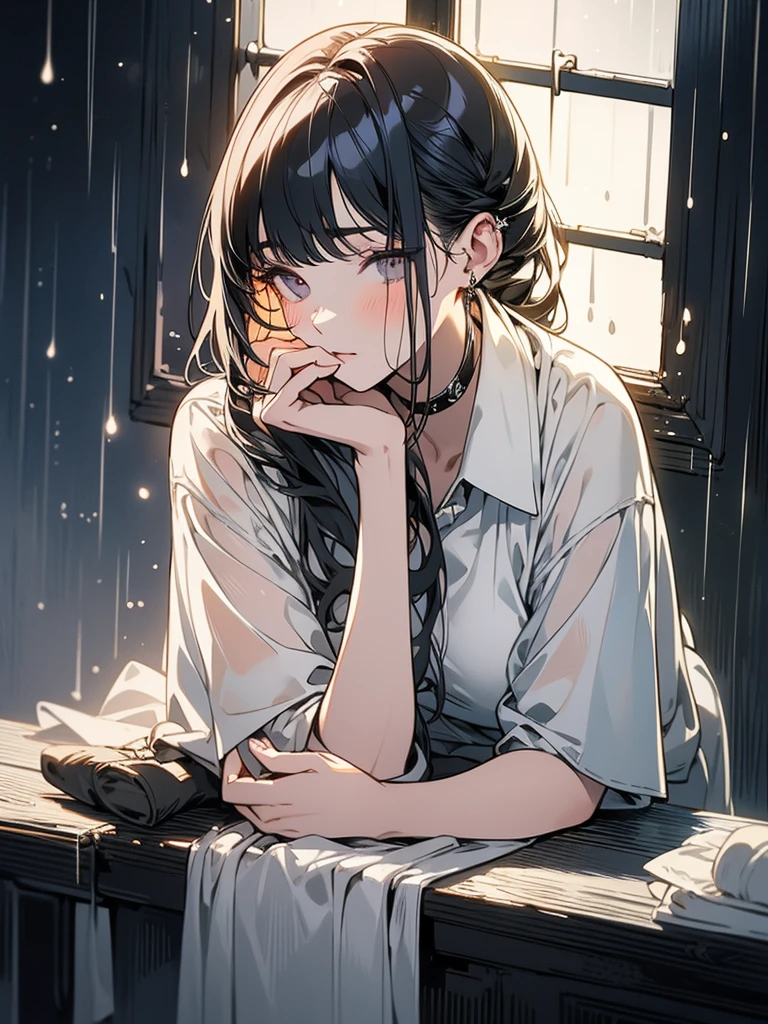 masterpiece, high-quality, a beautiful woman, resting her chin on her hands and looking out the window, humid and sweating, listless look, a little dark room, It's raining outside the window