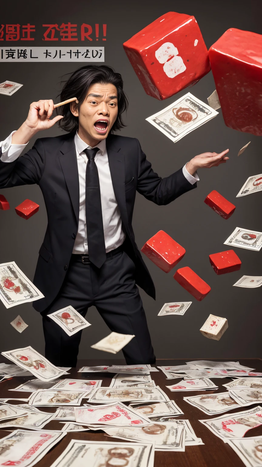 Draw a caricature of Tofu Kozo, a Japanese yokai who is confident but has failed in his investment. The Tofu Kozo has an exaggerated angry and frustrated expression. He is sweating and frowning while holding a downward-trending stock chart. He is dressed in traditional attire, but with a modern twist, such as a loosened tie and disheveled appearance. He is angrily throwing or smashing tofu in frustration.
In the background, depict a chaotic stock market scene with red arrows pointing downwards and dollar signs flying around. Add humorous elements like a dartboard with missed darts indicating poor investment choices.
At the top of the image, write "Buy High, Sell Low Pro" in bold font, and at the bottom, add witty taglines such as "Master of Unprofitable Trades" or "The Contrarian Investor's Nightmare." Use mainly red and grey colors to symbolize financial loss and confusion.