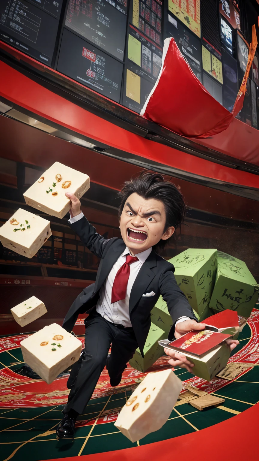 Draw a caricature of Tofu Kozo, a Japanese yokai who is confident but has failed in his investment. The Tofu Kozo has an exaggerated angry and frustrated expression. He is sweating and frowning while holding a downward-trending stock chart. He is dressed in traditional attire, but with a modern twist, such as a loosened tie and disheveled appearance. He is angrily throwing or smashing tofu in frustration.
In the background, depict a chaotic stock market scene with red arrows pointing downwards and dollar signs flying around. Add humorous elements like a dartboard with missed darts indicating poor investment choices.
At the top of the image, write "Buy High, Sell Low Pro" in bold font, and at the bottom, add witty taglines such as "Master of Unprofitable Trades" or "The Contrarian Investor's Nightmare." Use mainly red and grey colors to symbolize financial loss and confusion.