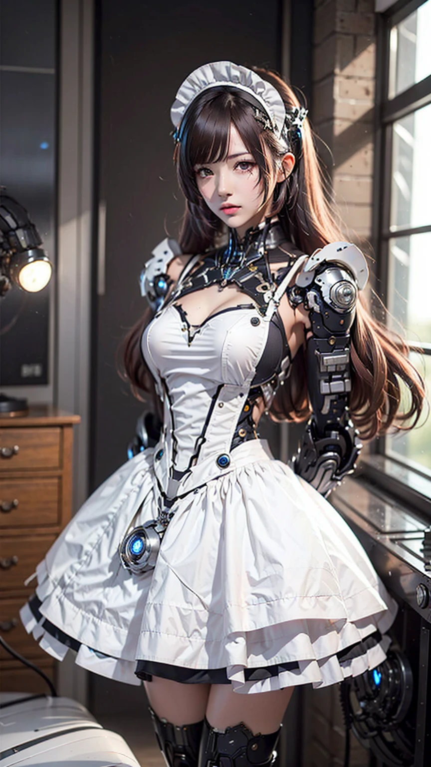 Very detailed, Advanced Details, high quality, 最high quality, High resolution, 1080P, HD, 4K,  beautiful,(Machine),beautiful cyborg mixed maid female, Mecha Cyborg Girl,Mecha Body Girl,She is wearing a futuristic mech, victorian maid dress, from the front, From the skirt up,A cute room for ********, bed room, bed,