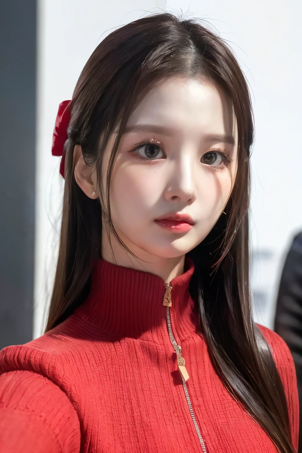 (8k, 4k, best quality, highres, ultra high res:1.1), (masterpiece, realistic, photo-realistic:1.1), 1girl, a nmixxsullyoon, perfect eyes, red outfit, Korean style, (looking at camera:1.3), black hair, perfect face, perfect body