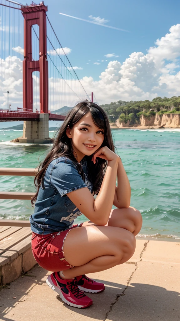 The sea, the huge steel suspension bridge in the background, the Gate Bridge,
girl, smile, angle, pose, casual, 
squat, 
lens flare, light particles, flat illustration, ai-generated,