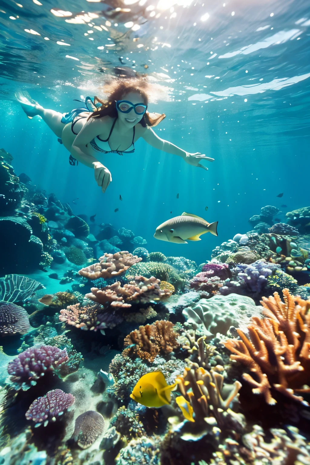 A Glorious Tropical Sea
The tropical sea shines brightly under the dazzling sunlight. White sandy beaches stretch out, and the blue sky continues endlessly. The color of the sea transitions from emerald green to deep blue, and the water is incredibly clear.
Abundant Coral Reefs and Tropical Fish
Underwater, colorful coral reefs spread out, and variously shaped and colored tropical fish swim gracefully around them. Schools of small fish weave through the corals, shining like rainbows.
Sunlight Penetrating the Water, High Water Clarity
Sunlight filters through the water surface and creates sparkling showers of light that reach the sea floor. The water's clarity is so high that you can see far into the distance, and the underwater scenery is as clear as if viewed through glass.
A Woman in a Bikini Underwater
A woman in a bikini swims gracefully underwater. Her hair spreads out softly in the water, and she moves slowly with a smile on her face. Various colorful fish swim around her.
Not Using a Snorkel
She enjoys free diving without a snorkel, appearing free and natural.
Greeting a Sea Turtle
A sea turtle appears leisurely in front of her. The turtle shows interest in her and approaches slowly. She reaches out her hand, lightly touching the turtle, and smiles as if exchanging a greeting.