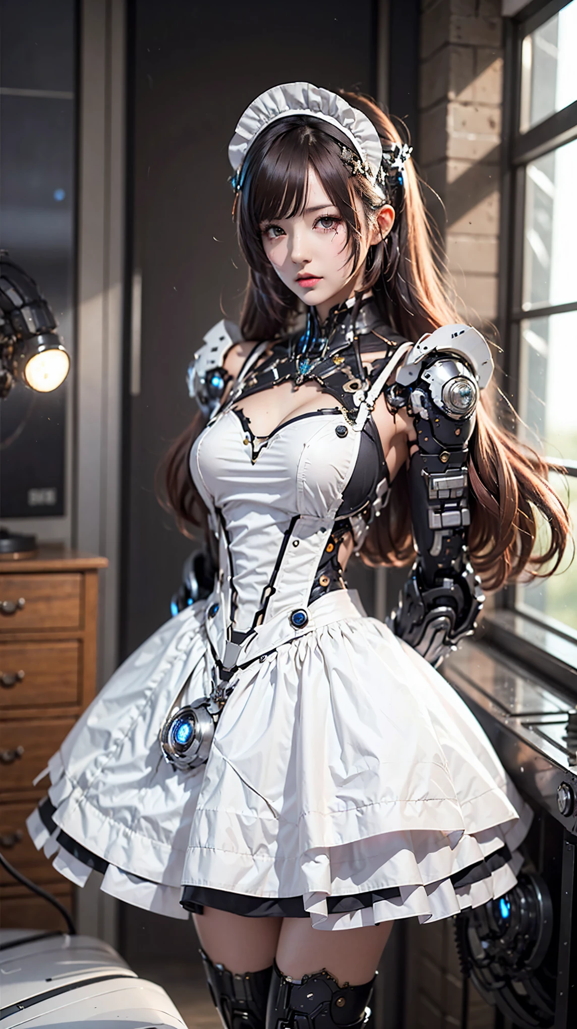 Very detailed, Advanced Details, high quality, 最high quality, High resolution, 1080P, HD, 4K,  beautiful,(Machine),beautiful cyborg mixed maid female, Mecha Cyborg Girl,Mecha Body Girl,She is wearing a futuristic mech, victorian maid dress, from the front, From the skirt up,A cute room for , bed room, bed,