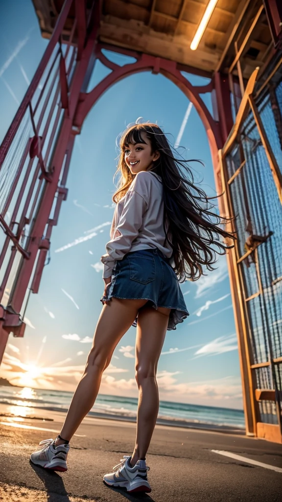 The sea, the huge steel suspension bridge in the background, the Gate Bridge,
girl, smile, angle, pose, casual, 
squat, 
lens flare, light particles, flat illustration, ai-generated,