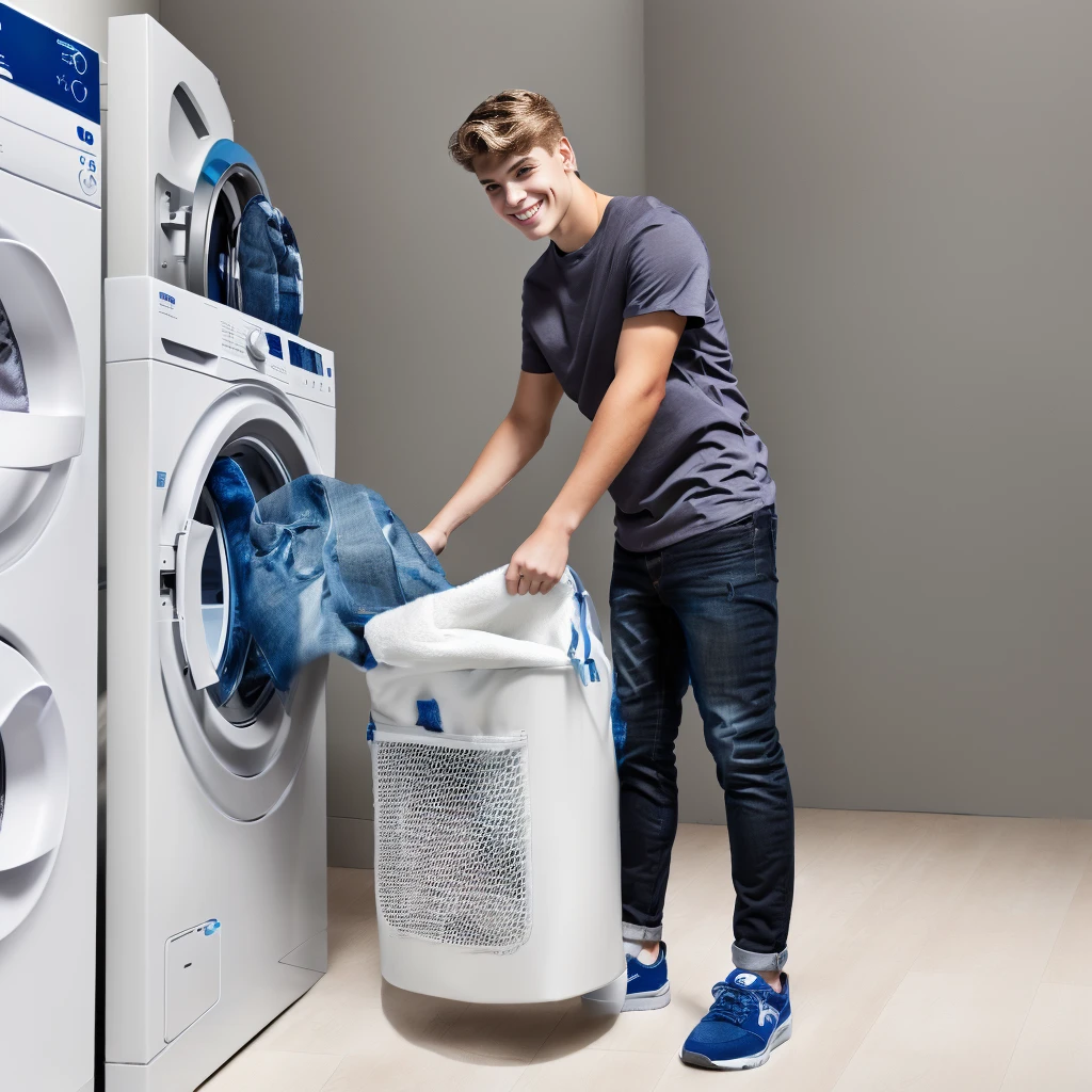 An 18-year-old,Swedish man,Golden brown hair,(背景是wash衣店内),(Grey top:1.37),(Blue Jeans:1.37),(Black sneakers:1.37),(Smile),Bright environment,Soft lighting,araffe man loading a bag of clothes from a washing machine, 在wash衣垫上, Carrying a big bag, Dirty clothes, washing machine, Bright space,Clean and tidy, Perfect details, , Color photos, Handsome, Clean spot colors, Product introduction photos, Diaper Disposal, wash, Business photo, In dirty travel clothes, full functioning