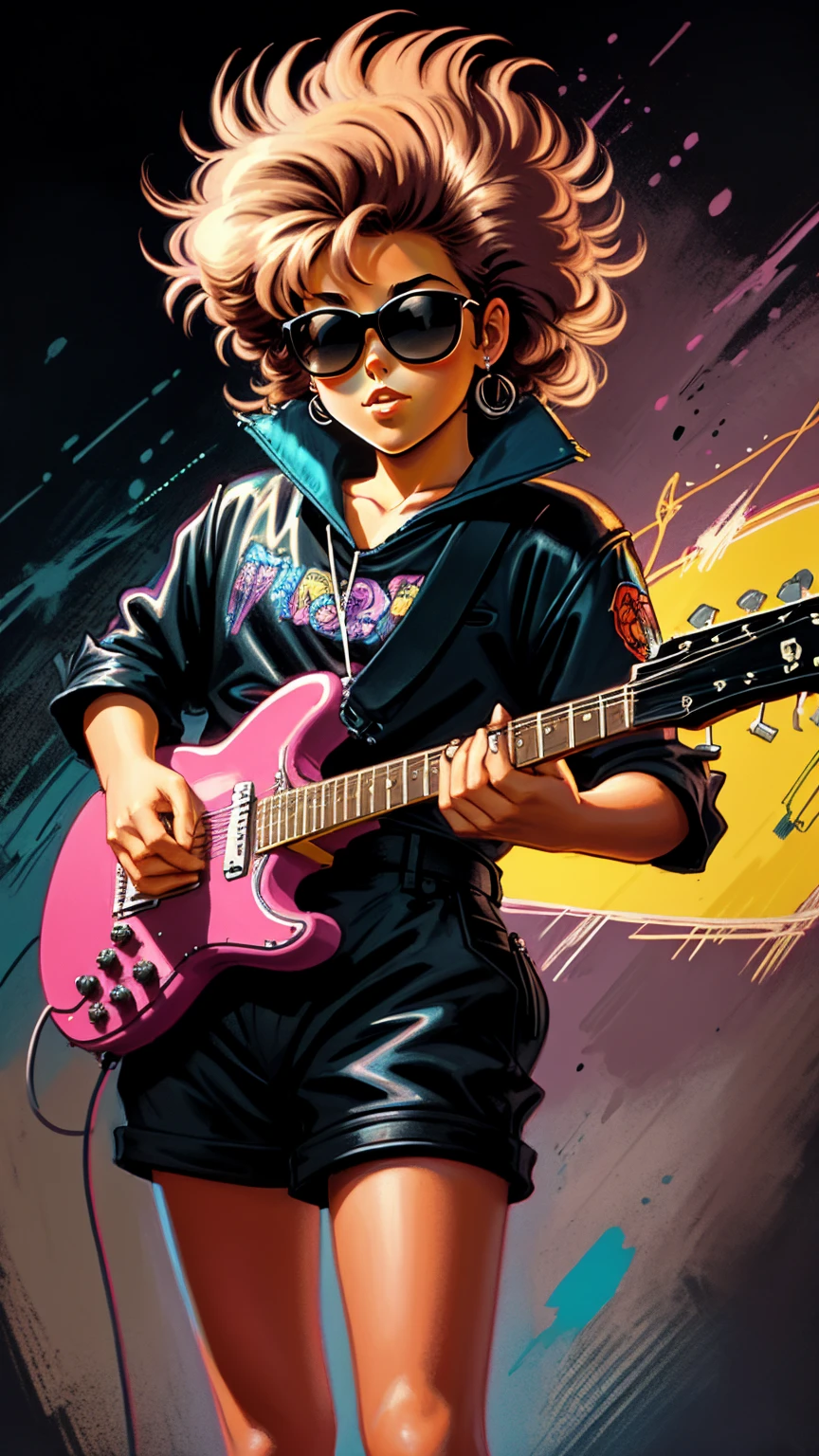 80s guitarist drawn cartoon style in black colors