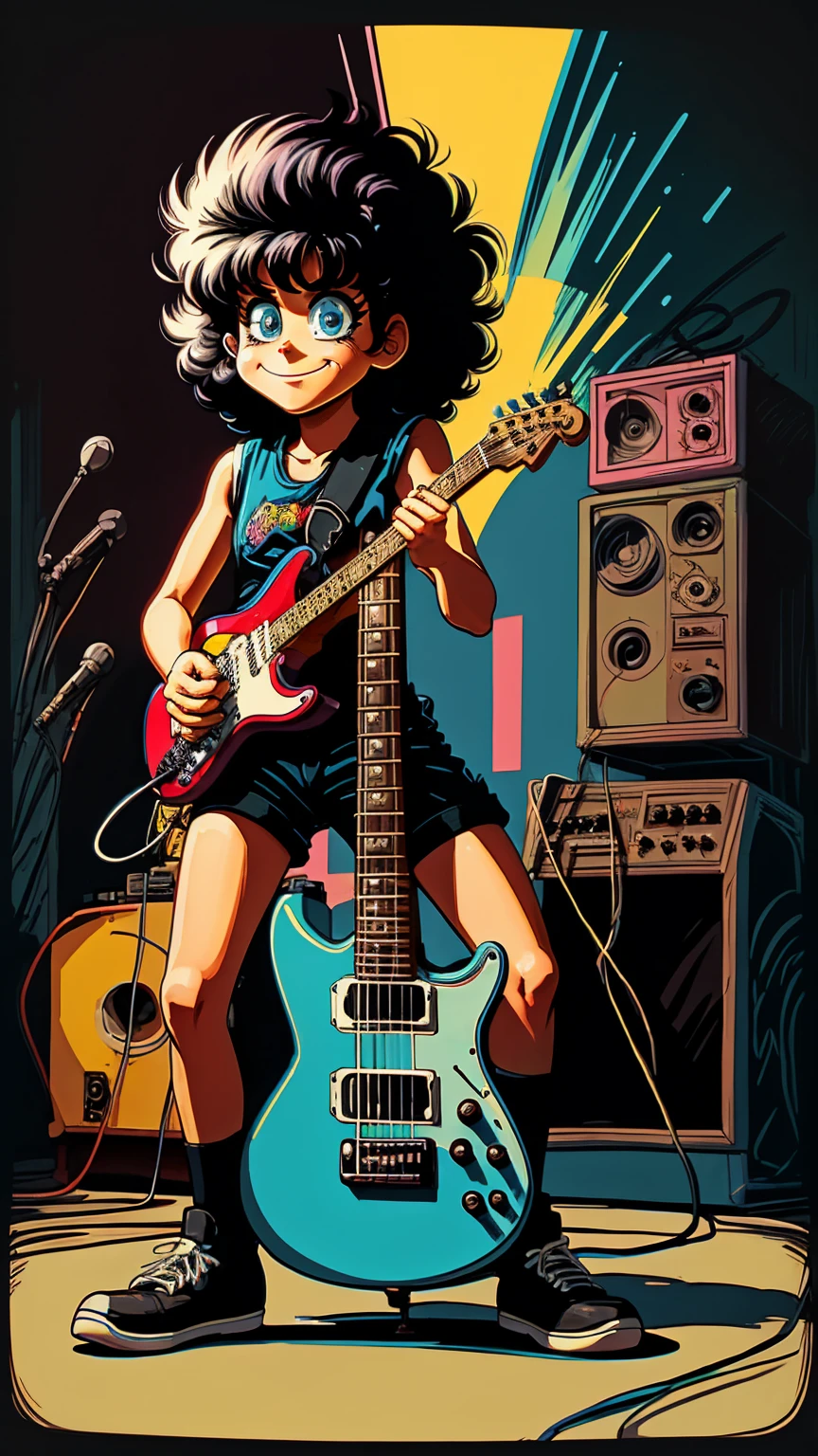 80s guitarist drawn cartoon style in black colors