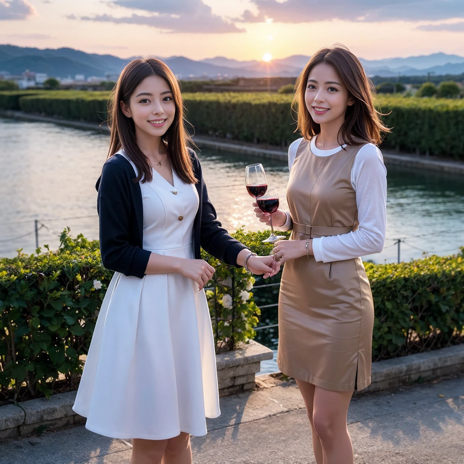 ((Highest quality、8K、masterpiece:1.3))、1 male 1 female、Satomi Ishihara、 years old、Slim Beauty、Pink Couple、smile、 (Slim face), (the body is スリム), (Brown Hair), (Shortcuts), テーブルのフルコースディナーとwine glass、Amazing view of the sunset sky and clouds、smileの美しさ、Wine bottle、sparkling wine、Long sleeve shirt、dress、White wine, red wine, wine glass, 