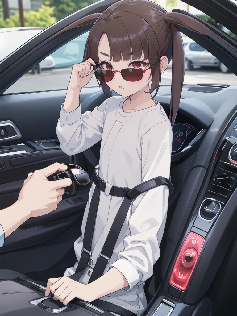 In the car,Convertible,Sitting,((Behind the wheel of a car)),Looking Ahead,driving,1 Girl, 独奏, Red eyes,((Wearing sunglasses)),, Twin tails, brown hair,crawling,((顔 focus)),upper body,White long sleeve shirt,Grey slacks, bangs, eyebrows visible through hair, Flat Chest, 