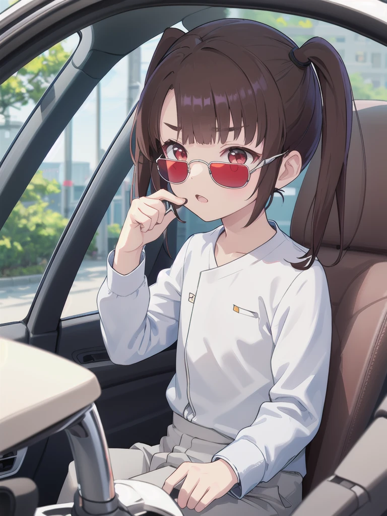 In the car,Convertible,Sitting,((Behind the wheel of a car)),Looking Ahead,driving,1 Girl, 独奏, Red eyes,((Wearing sunglasses)),, Twin tails, brown hair,crawling,((顔 focus)),upper body,White long sleeve shirt,Grey slacks, bangs, eyebrows visible through hair, Flat Chest, 