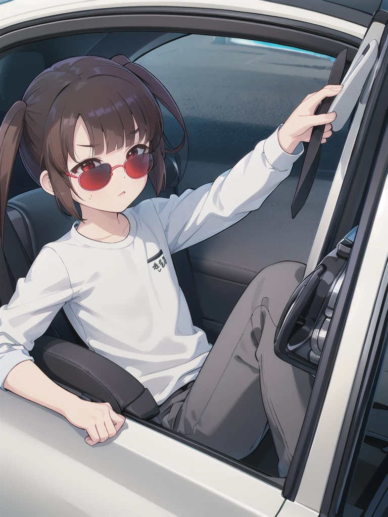 In the car,Convertible,Sitting,((Behind the wheel of a car)),Looking Ahead,driving,1 Girl, 独奏, Red eyes,((Wearing sunglasses)),, Twin tails, brown hair,crawling,((顔 focus)),upper body,White long sleeve shirt,Grey slacks, bangs, eyebrows visible through hair, Flat Chest, 