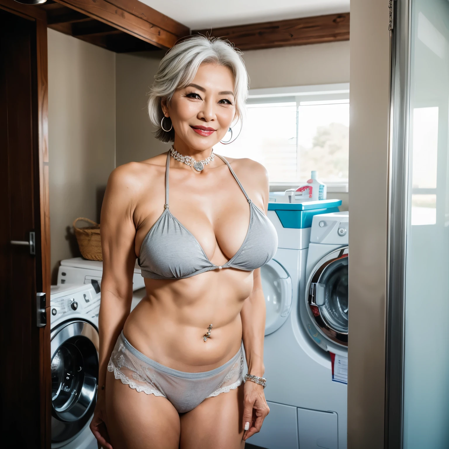 75 years old　mom　milf　Korean, Lady　large earring　Big choker　navel piercing decoration　A bracelet　Silver Hair　realisitic　Gorgeous Madame Beautiful Mature Woman　sexly　Smile　Gentle woman navel piercing　４K　High quality laundry room　Laundry　bucket　Hanger pipe