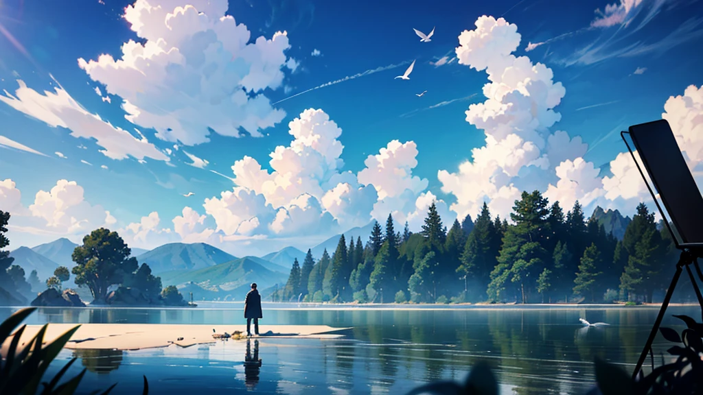 A fantastic scene surrounded by a blue sky and clouds is depicted. There is a black piano in the center of the screen, a man playing the piano and a woman standing next to it. Both are students and young people. In the background of youth, white birds are flying, and the water surface is spreading out on the ground, making it look very beautiful like a mirror. Highly detailed CG Unity 8K wallpaper, cinematic lighting, lens flare, beautiful detailed eyes, landscape, ultra HD, clouds, 8K quality, ultra sharp, real light, surreal,