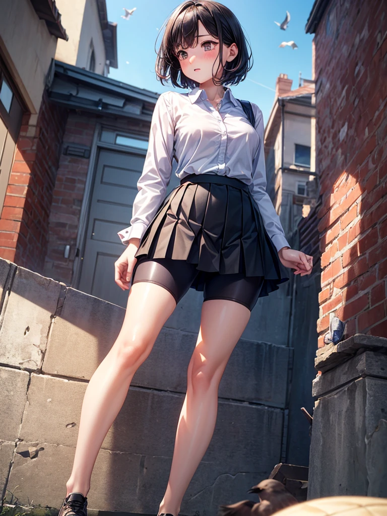 masterpiece, high resolution, a cute girl, pigeon toed, looking afar, looking up, full-face blush, collared shirt, pleated skirt, bike shorts, under skirt, (ultra detailed perfect piece:1.2), (extremely detailed CG 8k), (very fine 8K CG), short hair, shiny black hair, from below,