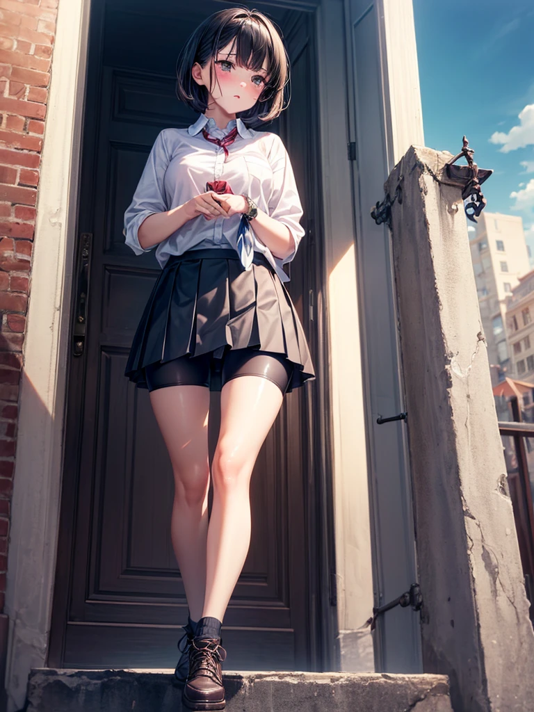 masterpiece, high resolution, a cute girl, pigeon toed, looking afar, looking up, full-face blush, collared shirt, pleated skirt, bike shorts, under skirt, (ultra detailed perfect piece:1.2), (extremely detailed CG 8k), (very fine 8K CG), short hair, shiny black hair, from below,