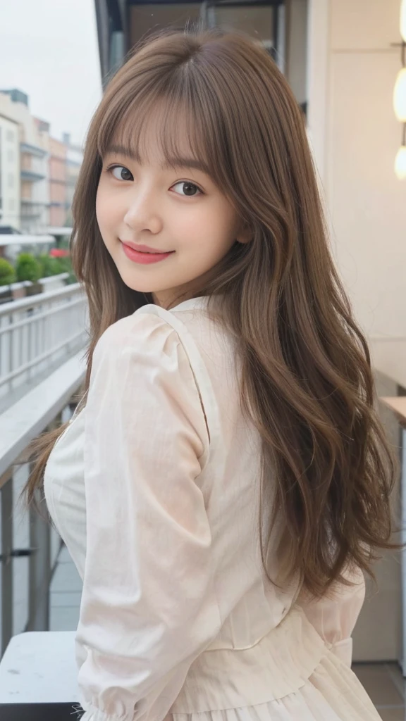 masterpiece、４hair、Looking into the camera、Take a selfie from the front、（Cute smile 1.6）Close-up shot、18-year-old female、Light brown hair、With bangs、Loose and fluffy hair、Fashion Model、Cafe Terrace、Instagram、Cute Woman、眼鏡かhairている