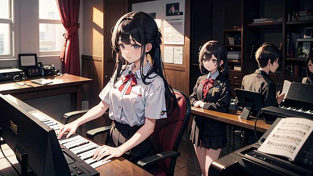 青空とcloudに囲まれた幻想的なシーンが描かれています。 There is a black piano in the center of the screen.、A man playing the piano、There is a woman standing next to him.。Both are students、I&#39;m a young person.。youth、There are white birds flying in the background.、The ground is covered with water.、It&#39;s so beautiful, like a mirror.。Highly detailed CG Unity 8k wallpaper、Cinematic lighting、Lens flare、Beautiful detailed eyes、landscape、Ultra HD、cloud、8K quality、Ultra Sharp、Real Light、Surreal、
