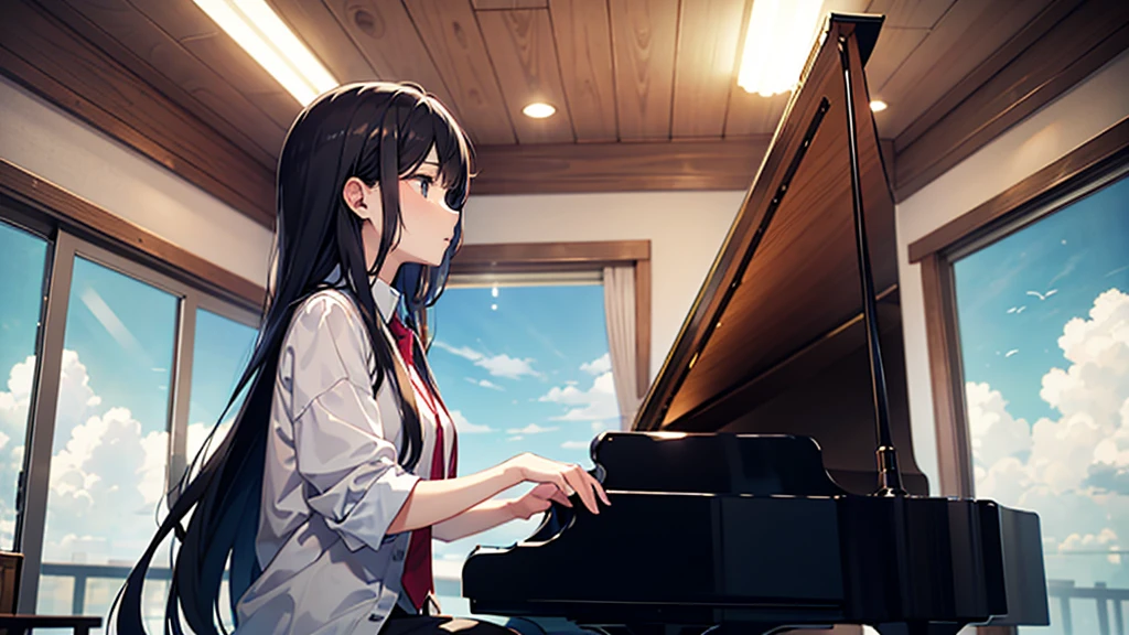 青空とcloudに囲まれた幻想的なシーンが描かれています。 There is a black piano in the center of the screen.、A man playing the piano、There is a woman standing next to him.。Both are students、I'm a young person.。youth、There are white birds flying in the background.、The ground is covered with water.、It's so beautiful, like a mirror.。Highly detailed CG Unity 8k wallpaper、Cinematic lighting、Lens flare、Beautiful detailed eyes、landscape、Ultra HD、cloud、8K quality、Ultra Sharp、Real Light、Surreal、