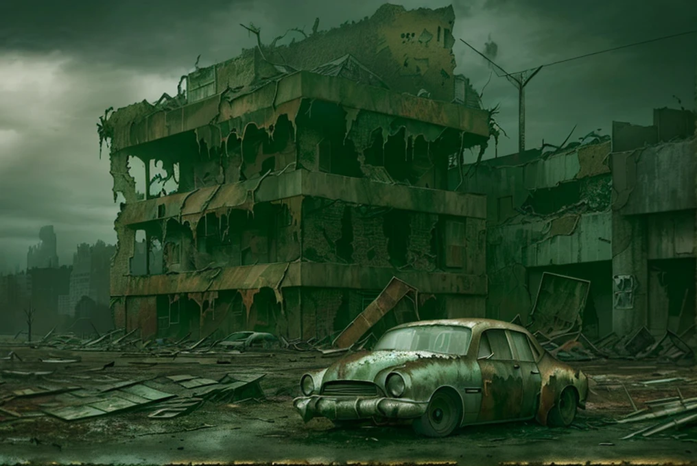 a post-apocalyptic landscape,decaying city,crumbling buildings,eerie atmosphere,dark clouds,ominous skies,rusted metal,debris,abandoned cars,post-apocalyptic sci-fi,muted color palette,dramatic lighting,dystopian future,cinematic composition,ultra-realistic,highly detailed,award winning digital art