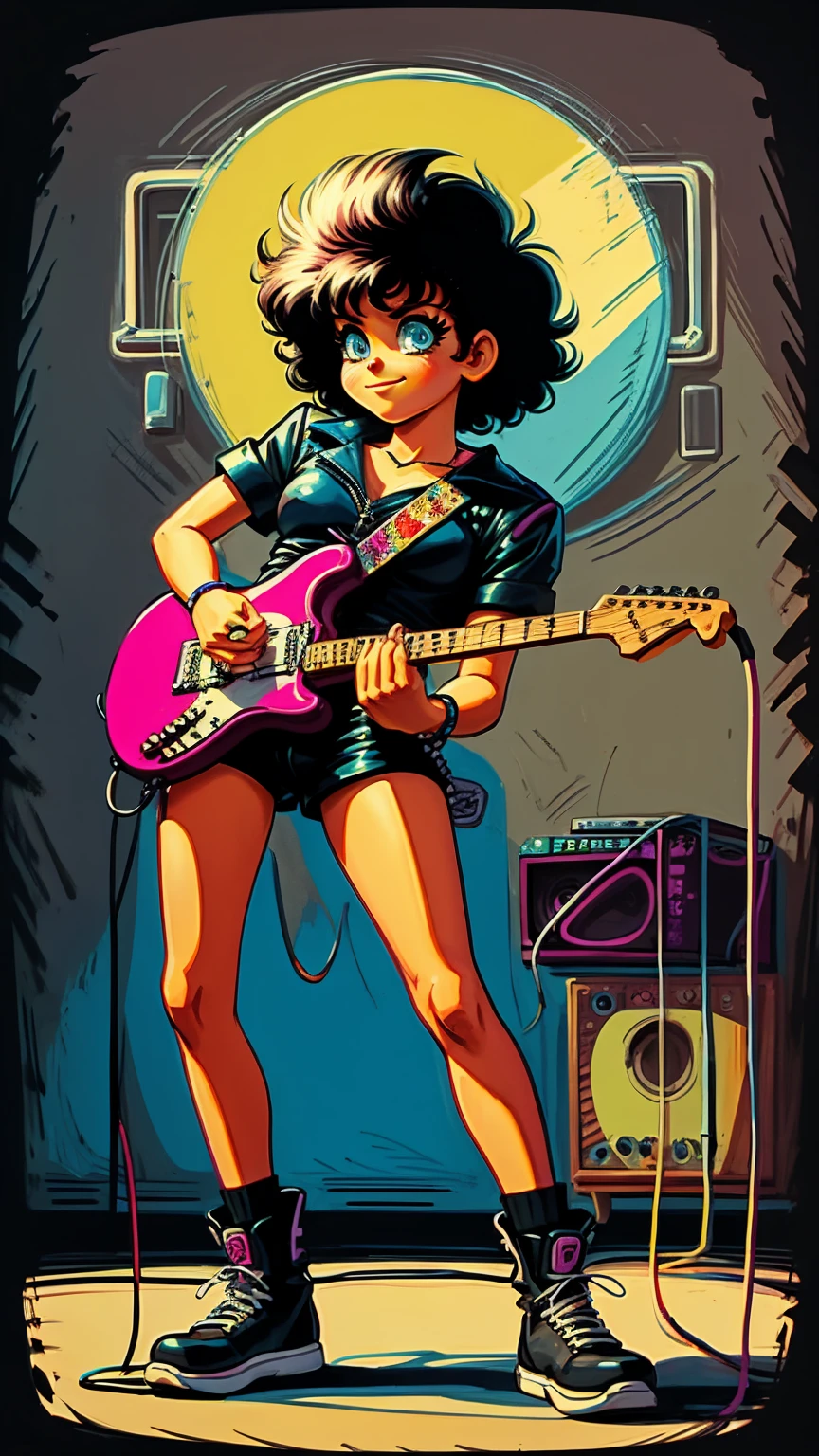 80s guitarist drawn cartoon style in black colors