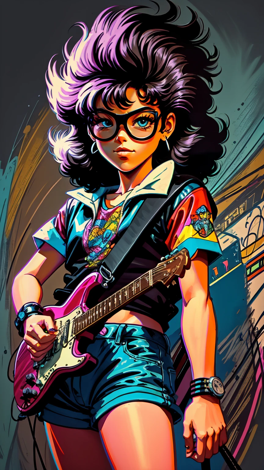 80s guitarist drawn cartoon style in black colors