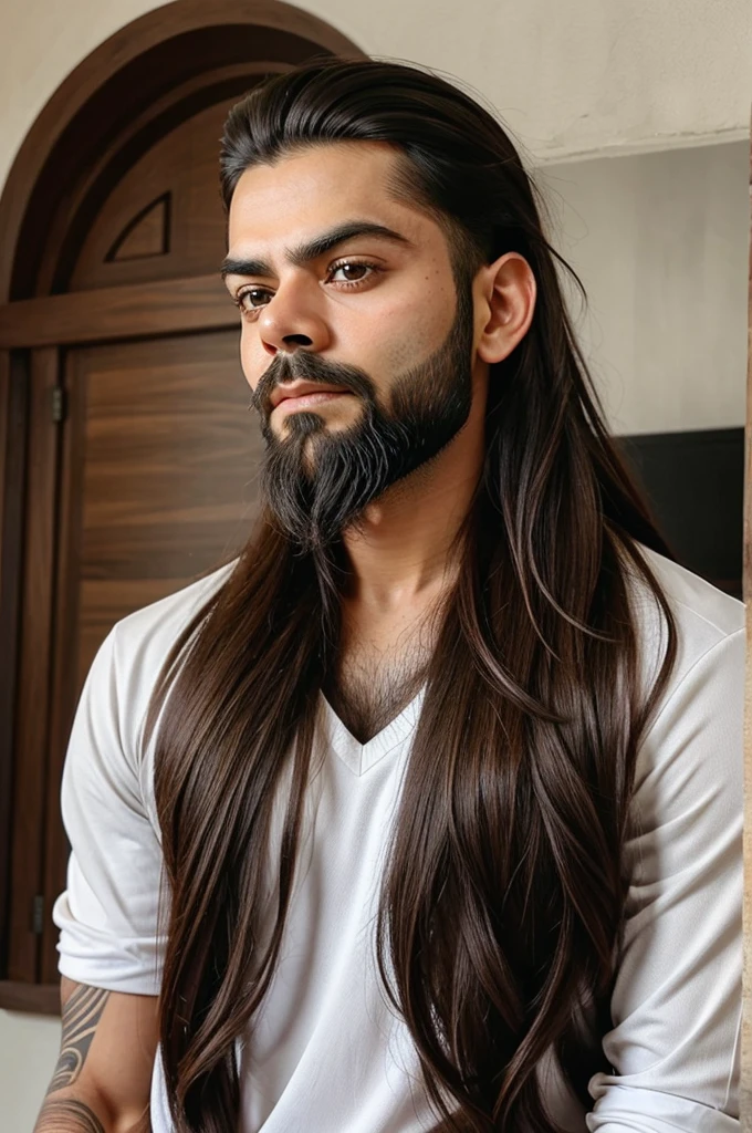 A person with long hair and circular face who beard like virat kohli