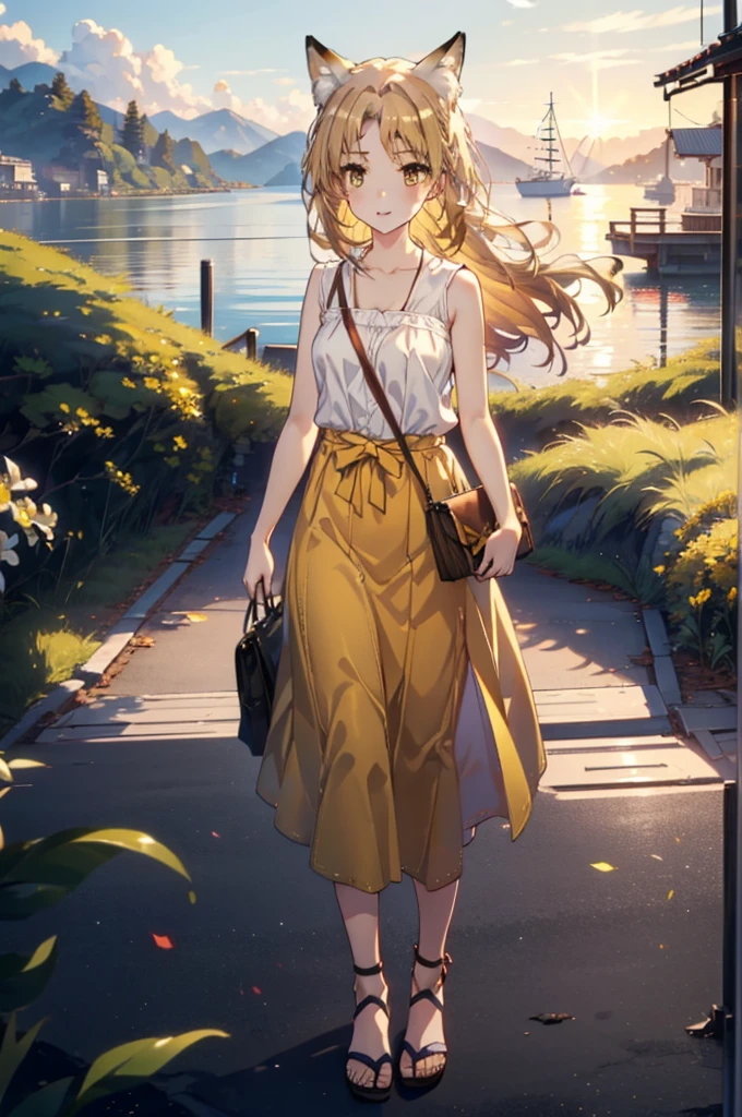 Irohaisshiki, isshiki iroha,Long Hair, Brown Hair, (Brown eyes:1.5), happy smile, smile, Open your mouth,animal(Fox Ears,Fox tail),Yellow sleeveless dress,Yellow long skirt,Cute Sandals,Carry bag,background（Ships at anchor）,port,My hair is blowing in the wind,Holding her hair with her right hand,whole bodyがイラストに入るように,Are standing,morning,morning陽,The sun is rising,
break outdoors, port,Ocean,
break looking at viewer,whole body,
break (masterpiece:1.2), Highest quality, High resolution, unity 8k wallpaper, (shape:0.8), (Beautiful and beautiful eyes:1.6), Highly detailed face, Perfect lighting, Highly detailed CG, (Perfect hands, Perfect Anatomy),