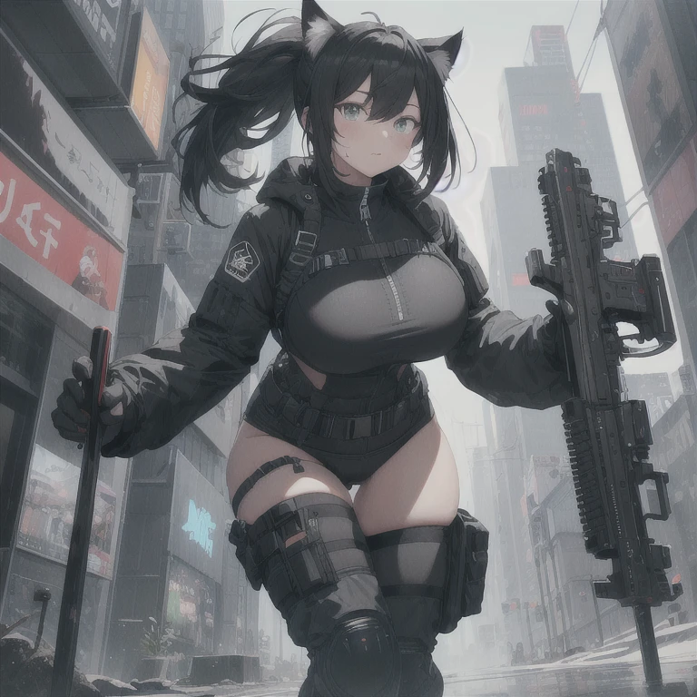 A girl with dark blue hair, cat ears and a tail, wearing a black bikini and racing pants　Loli body type　　Twin tails　　　　Flat Chest　Wearing a hoodie　Butt in detail　Holding an assault rifle