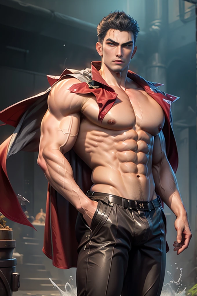 complex，masterpiece，best quality，Vivid colors，Ultra HD resolution，Shirtless，Wearing a cape，Naked upper body，For the audience，Oval face，Cold，brave，Sexy，Muscular，Crotch bulge、Expansion，Liquid gushing out of the crotch，Big nipples and milk spray，Put your hands in your trouser pockets，Soaked，Muscle Hero，Super buff and cool，Full of masculine charm and vitality，Handsome appearance，Unruly character，Sexy肌型，Exaggerated muscle，Realistic perfect body，Muscular身材，Medium shot of a young handsome muscular general