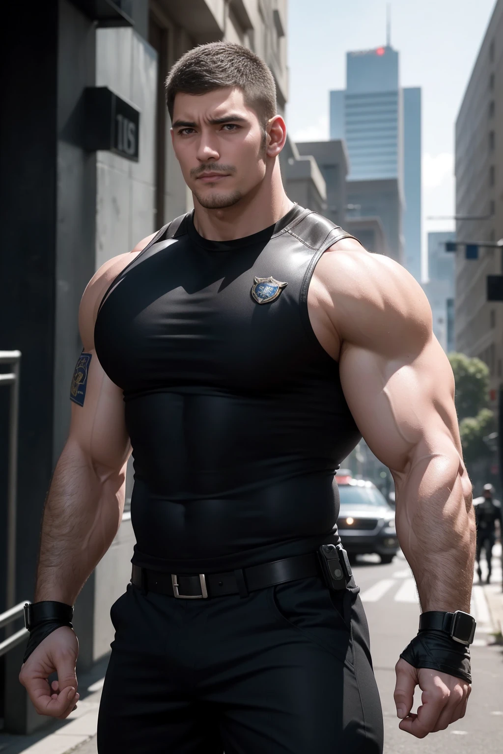 One Tall giant muscular police officer, on the street outdoors,police officer cap, The expression is arrogant, Lift your chin, Messy hair, Thick thighs,black leather tank top very tight, Highlight muscles, Police uniform pants, character concept(Resident Evil - Chris Redfield, Chris Redfield)A proud expression, Deep and charming eyes, Heroic male pose, tall Burly, muscular!muscular thighs, tough guy, perfect facial features, High, Burly, Heqiang, Super Buff and Coolness, High Resolution Committee, Charismatic strongman, The sun is blazing, dazzling