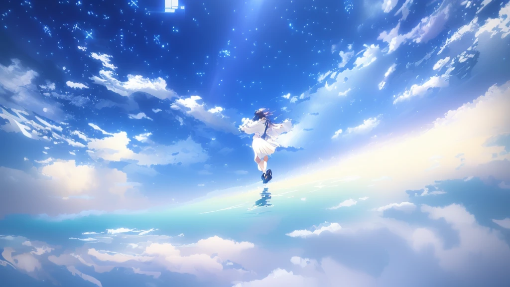 anime, A girl in a white dress floats in the water, Makoto Shinkai Cyril Rolland, anime girl walking on water, anime movie background, beautiful anime scene, today's featured anime still, anime film still, screenshot from the anime film, anime still film anime shikishi, star(null) starry_null
