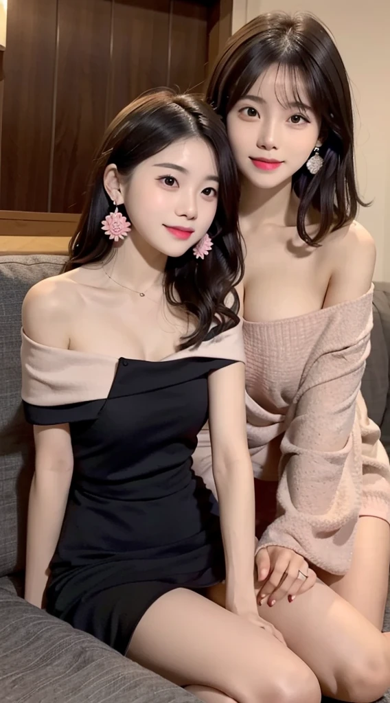 1 girl、17-year-old female、Beauty、Dark-haired、clothing（Black off-shoulder kimono、Casual enough to see underwear） Very slim figure,,,,,、Very slim leganicure、earrings、Pink Lips、photo、lifelike、Sexual、Top quality、adoption、Delicate face、Detailed background、Depth of Field、Full body view、Sitting on the sofa，Kneeling on the ground、Sexual、Solitary、night